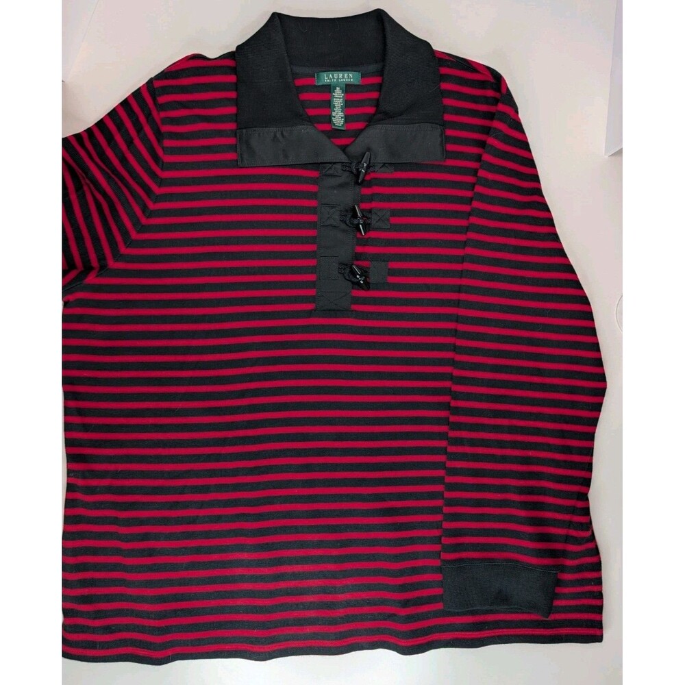 Lauren Ralph Lauren Womens 3X Striped Toggle Sweater Long Sleeve Black Red